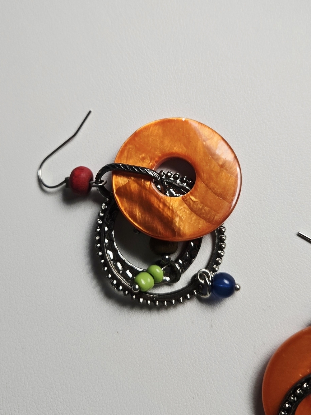 Artisan Orange and Multicolor Bead Dangle Hoop Earrings - Picture 6 of 11